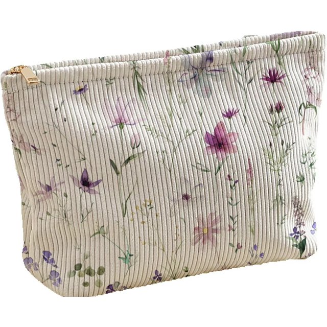 Purple wildflower patterned corduroy makeup bag, lightweight zipper pouch, multifunctional lined bag for cosmetics