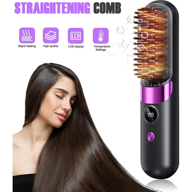 Cordless Hair Straightener Brush 4 Temperature Electric Negative Ions Ceramic Anti-Scald Heated Comb Portable Hair Styling Tools