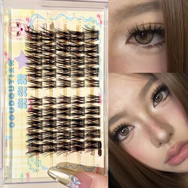 Doudoutian Black-Brown Slanted Lash Clusters Lengthen Eye Tails Ultra Thin Invisible Soft Band for Light European Cosplay Makeup