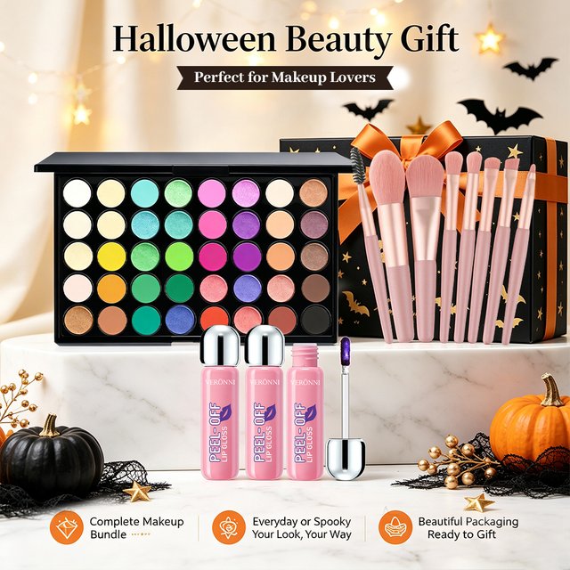 5pcs Makeup Kit 40 Colors Eyeshadow Palette + 3pcs Peel‑Off Lip Gloss with 8pcs Brushes,Matte Shimmer Eyeshadow Full Makeup Gift