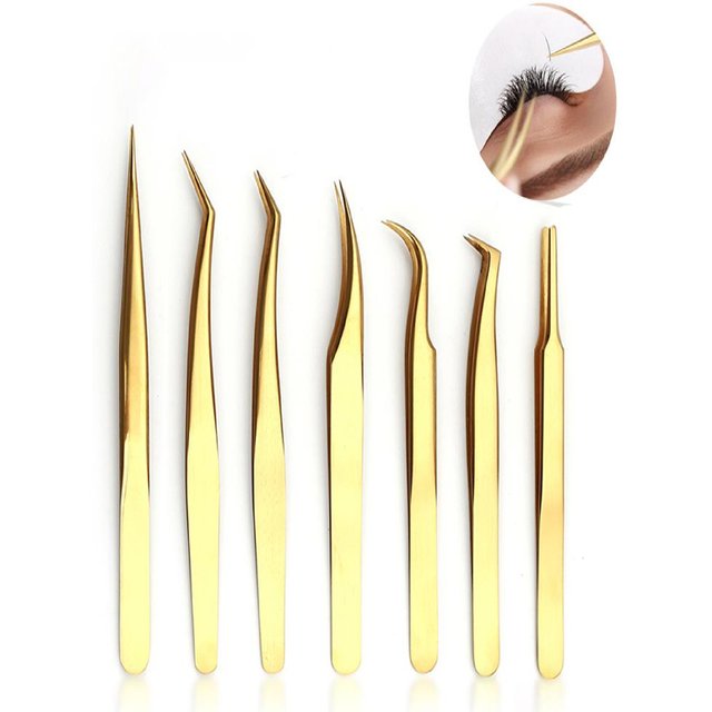 Gold Color Stainless Steel Eyelash Extension Tweezers Curved Straight Lashes Tweezer Eyelashes Nail Makeup Tools
