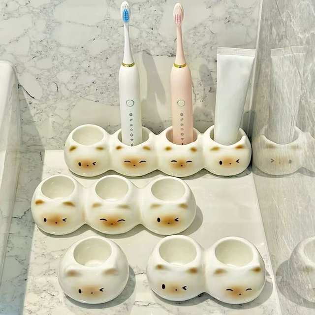 Cute Siamese Cat Electric Toothbrush Rack Storage Shelf Ceramic Toothbrush Holder Toothpaste Placement Home Bathroom Decoration