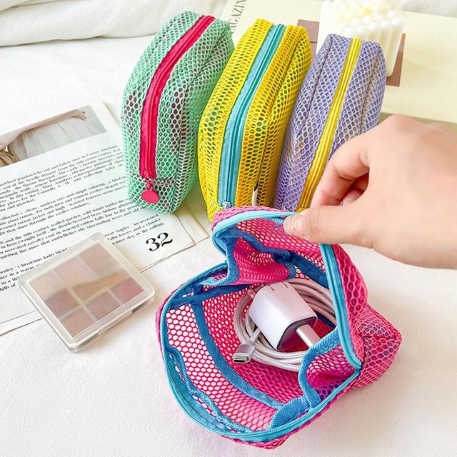 Dopamine Mesh Mini Pouch, Colorful Square Earphone Case, Portable Lipstick Cosmetic Bag, Breathable Toiletry Storage Organizer