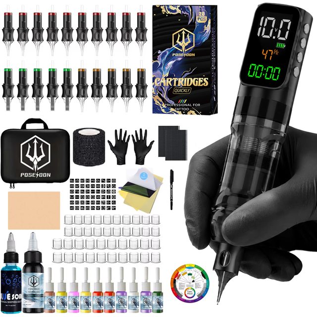 POSEIDON Tattoo Kit V5 with Large Color Screen Tattoo Pen Kit for Permanent Makeup Tattoo Machine Kit with Wireless Power Supply