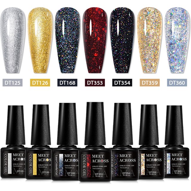 7pcs Glitter Gel Nail Polish Set Gold Silver Red Sparkling Sequins Soak Off UV Gel Varnish Nail Supplies Manicure DIY Art Design