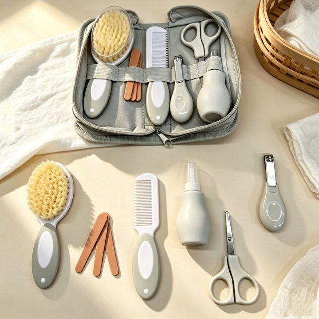 6/7-piece Baby Daily Care Set - Baby Nasal Irrigator, Small Scissors, Soft Hairbrush, Nail File, Small Toothbrush, Nail Clipper