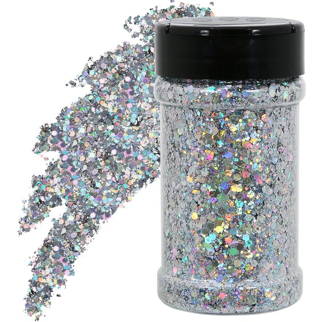 1.76 oz Silver Holographic Nail Glitter Mix Chunky Glitter 50g Bottle Bulk for Resin Craft Cosmetic Art Festival Decoration