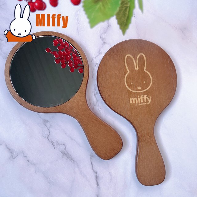 Kawaii Miffy Handheld Mirror Cute Rabbit Portable Makeup Vanity Premium Bamboo Wooden HD Engraved Travel Cosmetic Tool Bag Girl