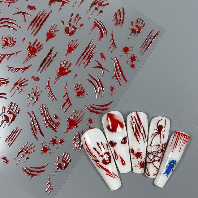 Autocollants pour ongles d'horreur Halloween 5D, 1 pièce, dégoulinant du sang et des mains sanglantes, décalcomanies pour décoration d'ongles pour mascarade d'halloween