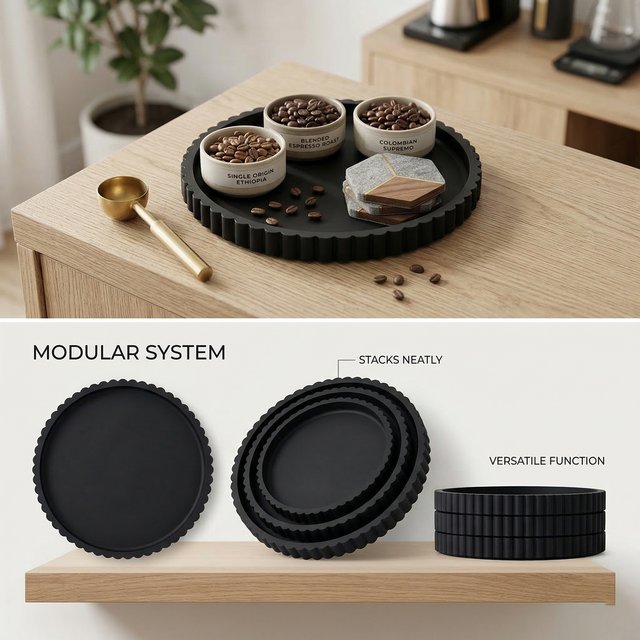Plateau rond moderne en silicone noir, centre de table, organisateur minimaliste pour la décoration intérieure, présentoir de parfums, bar à café