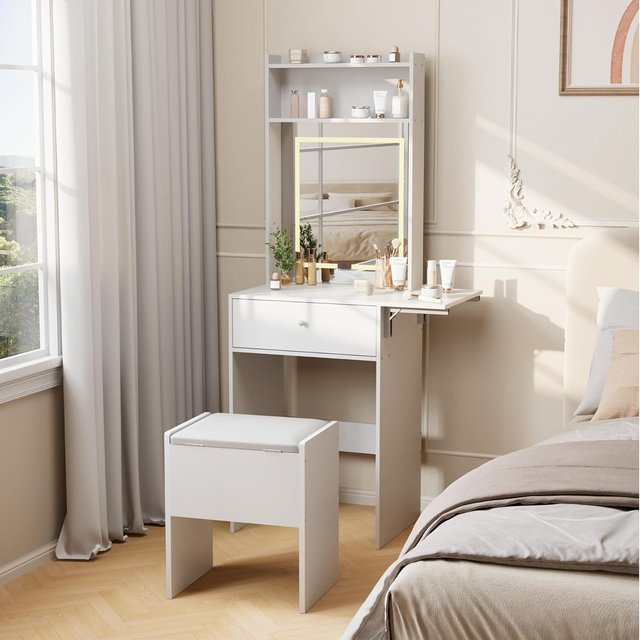 Vanity Desk with LED Light Mirror & Power Outlet Dressing Makeup Table Set with Padded Stool and Hair Dryer Stand
