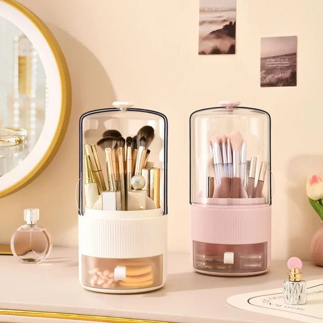 Rotating Clear Acrylic Makeup Brush Holder with Dustproof Lid Cosmetic Tool Storage Organizer for Vanity, Bathroom