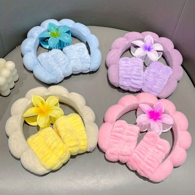 Cloud Fluffy High Crown Face Washing Headband with Anti Slip Hair Clip Wristband Set Makeup Gift for women Care Accessory
