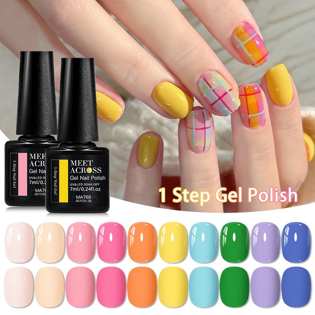 MEET ACROSS 1-step Gel Polish 12ml Glitter Nail Summer Nude Pink Blue Yellow Gel Nail Polish 3 IN 1 No Need Base Gel Top Coat