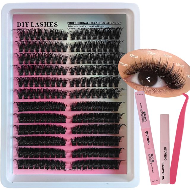 QIUNING Lashes Clusters Kit Cat Eye Lashes Individual Eyelashes with Lash Bond & Seal Full Set Lashes Extension Makeup Tools