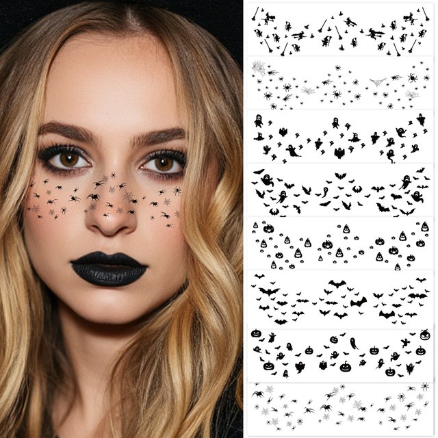 8 Sheets Halloween freckle temporary tattoo, Halloween party makeup kit, Spider Pumpkin Witch Bat Ghost, spoof, waterproof