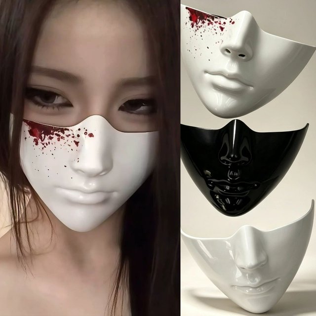 Half Face Human Blood Mask Smooth Facial Mask Halloween Cosplay Costume Mask Party Bar Decorative Face Accessory Gifts