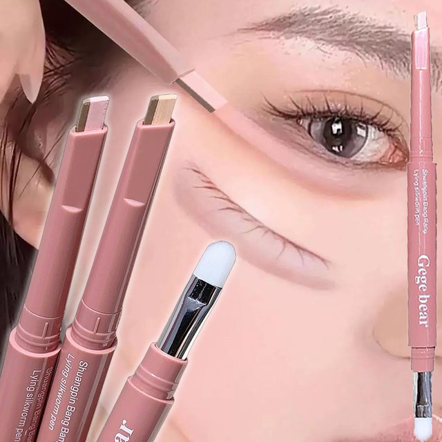 3D Eye Brightening Lying Silkworm Pencil Dual Color Eye Highlighter Shadow Stick With Brush Nude Pink Aegyo Sal Contour Makeup
