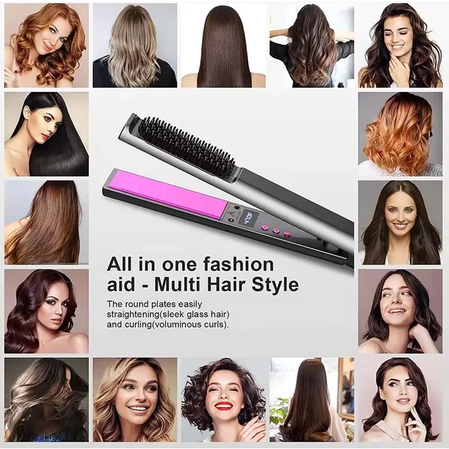 2 in 1 Hair Straightener Multifunctional Curling & Straightening Brush Ceramic Hot Comb Generator Helps Reduce Frizz Salon Tools