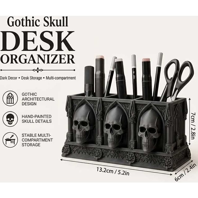 Skull Pen Holder Makeup Brush Holder 3D Printed Skull Planter Gothic Resin Bowl Desktop Organizer Home Office Halloween Decor