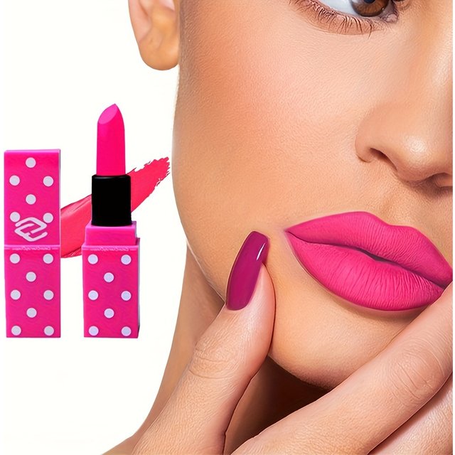 8 Colors Super Cute Girls Lipstick, Pink Polka Dots Design Long Lasting Non-fading Waterproof Velvet Lip Color, Non-Stick Cup