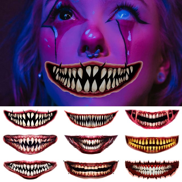 9 Halloween Horror Big Mouth Temporary Tattoo Stickers, Waterproof and Realistic, Fake Tattoo Stickers for Face and Mouth, Suitable for Halloween Party Temporary Makeup