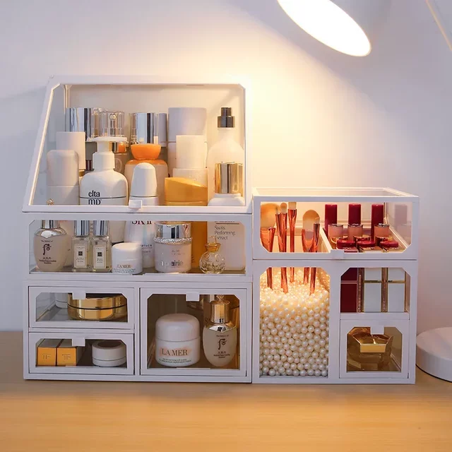 Large Capacity Makeup Organizer - Plastic Drawer Storage Box with Brush Holder & Jewelry Rack