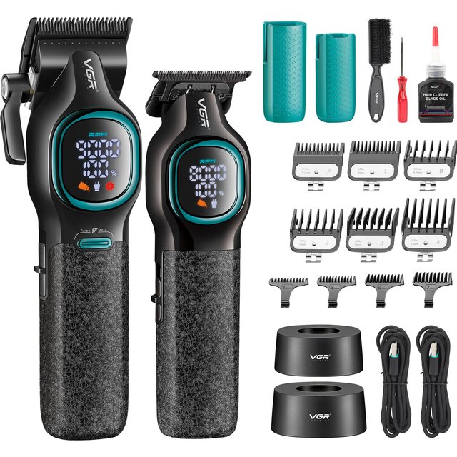 VGR Hair Clippers for men Cordless, Professional Barber Clipper & Beard Trimmer, Rechargeable Hair Cutting Kit, Fade Clippers, T-Blade Detailer, 10 Guide Combs, LED Display, USB-C Charging Bases