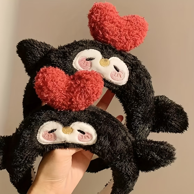 Cute Heart-Shaped Black Penguin Plush Hair Band for women's Face Washing, Makeup and Hair Accessory Headband