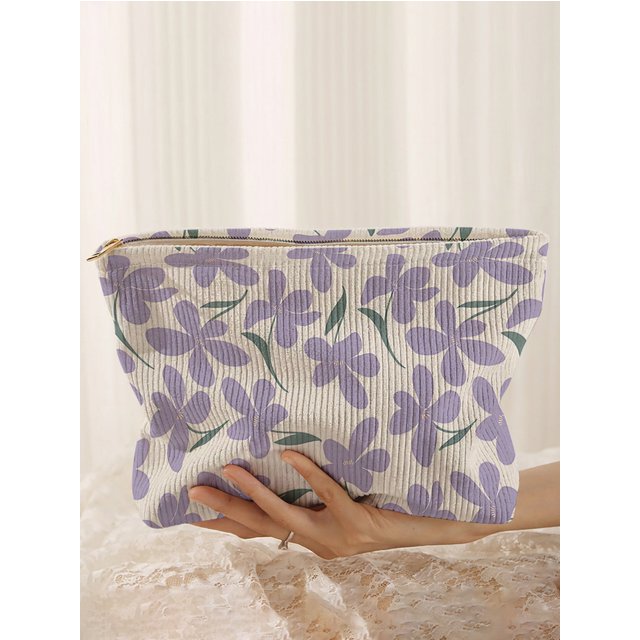Lilac big flower printed corduroy makeup bag, lightweight zipper pouch, multifunctional lined cosmetic bag