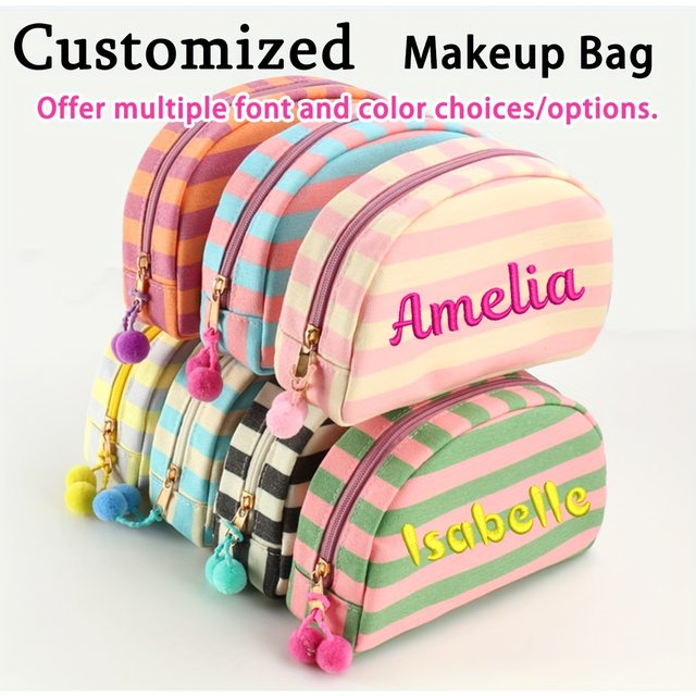 Custom Embroidered Striped Makeup Bag Personalized Name Colorful Travel Toiletry Organizer Bridesmaid Holiday Essentials Pouch
