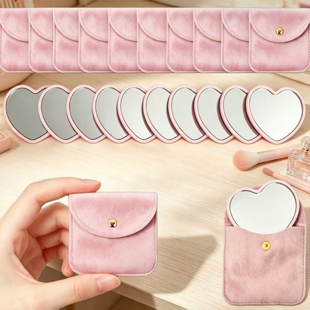 5-30 Sets Pink Velvet Pouch Heart‑Shaped Compact Mirror Set Mini Pocket Makeup Mirror Travel Wedding Holiday Favor Gifts