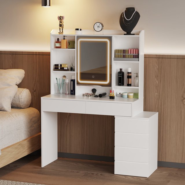 Large Vanity Desk Dressing Table With LED Lights, 3 Light Colours, Adjustable Brightness, Vanity Desk With Mirror, Spacious, Vanity Table With Adjustable Shelves, 6 Drawers, Makeup Desk For Adults