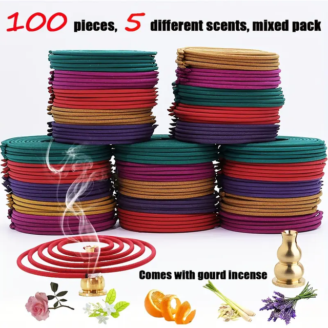 100 pièces de spirales parfumées assorties, 20 pièces de chaque parfum, y compris citronnelle, rose, jasmin, lavande et orange. Aroma C