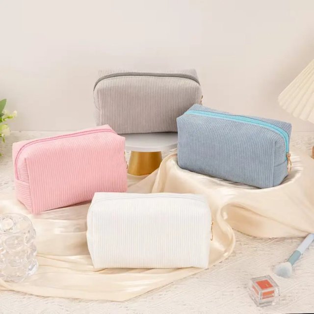 Solid Color Corduroy Makeup Bag – Spacious Waterproof-Lined Pouch, Uses for Cosmetics, Skincare & On-the-Go Kits