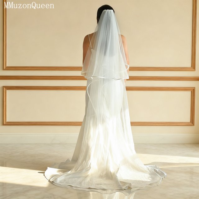TOPQUEEN V97 Bridal Veil 2-Layer Ribbon Edge Wedding Veil With Powder Blusher Bridal Accessories Wedding Long Veil Customizable