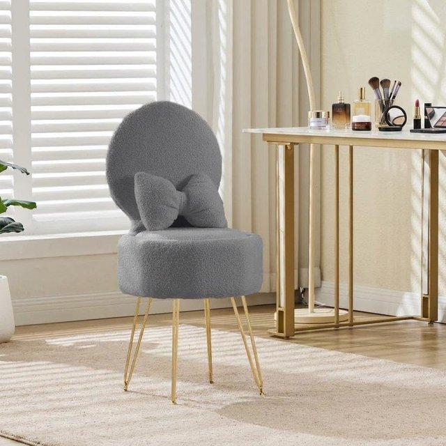 Vanity Chair with Storage, Foldable Backrest Sherpa Dressing Table Chair with Bow Pillow, 9L Hidden Makeup Stool with Gold Metal Legs for Bedroom