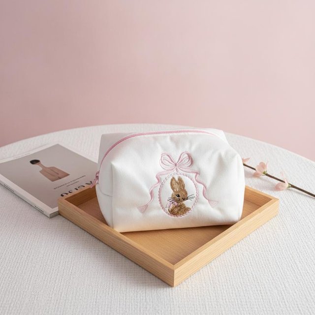 Portable Rabbit Cosmetic Bag Lace Bow Large Capacity Makeup Organizer White Pink Zipper Closure Travel Toiletry Bag Women Girls