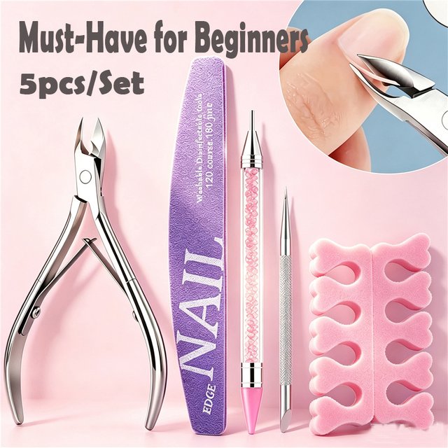5Pcs/Set Beginner Nail Manicure Kit Must-Have DIY Nail Care Tools Set with Cuticle Nipper, File & Pusher for Home Salon、