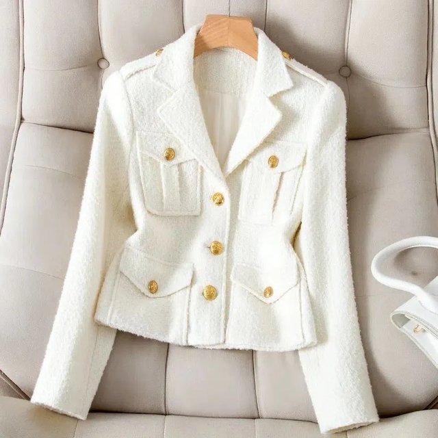 Blazer blanc à col de costume, nouvelle mode, petite veste parfumée, manteau en Tweed de haute qualité, court en laine noire, vêtements d'extérieur pour femmes