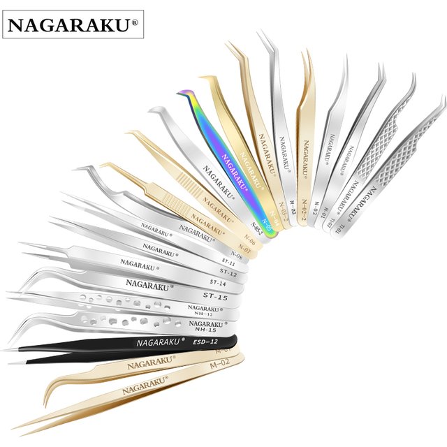 NAGARAKU Stainless Steel Straight Curved Nail Tools Volume Eyelash Accurate Tweezers Nippers Pointed Clip Set Makeup Tools