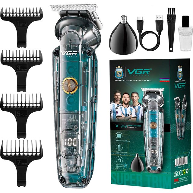 VGR V-949 Beard Trimmer Men Cordless IPX6 Waterproof - Rechargeable USB-C - Nasal Ear Nostril Nose Hair Attachment 180 Minutes Battery - Face Clippers T Blade - Electric Shaver Razor Grooming Kit -