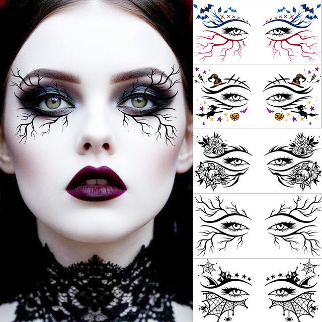 1 Sheet Halloween Eye Makeup Temporary Tattoo Sticker, Scary Blood Vessel Spiderweb Witch Fake Tattoo Waterproof Durable Sticker