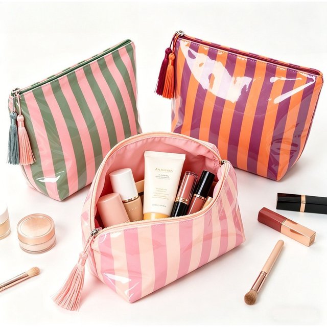 Striped PVC Cosmetic Bag with Tassel Zipper Waterproof Large Capacity Portable Travel Makeup Pouch Toiletry Organizer for women