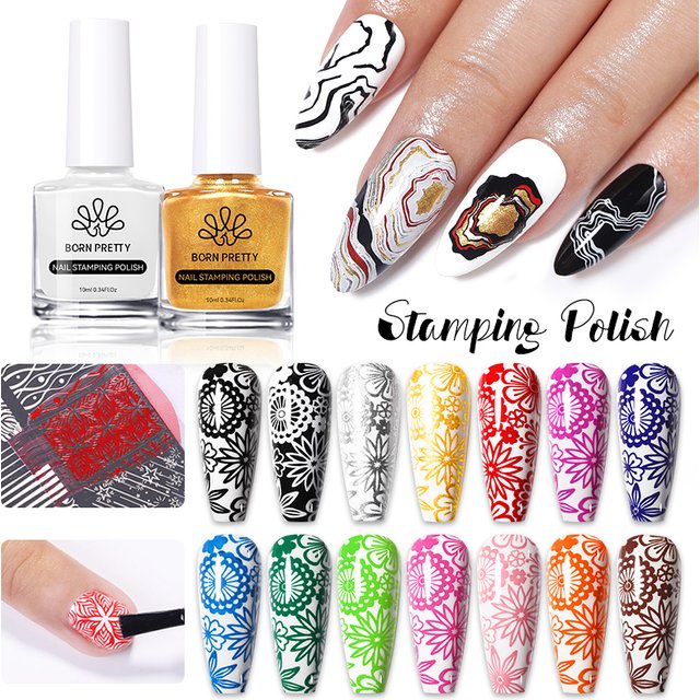 BORN PRETTY 10m Stamping Nail Polish White Black Gold Red Colorful Nail Art Printing Varnish DIY for Nail Plate Design Varnish