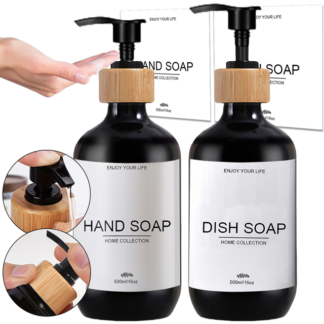Black Soap Dispenser Set Kitchen Hands and Dish Soap Pump Dispenser Bathroom Hand Soap Bottle with Waterproof Label Sticker