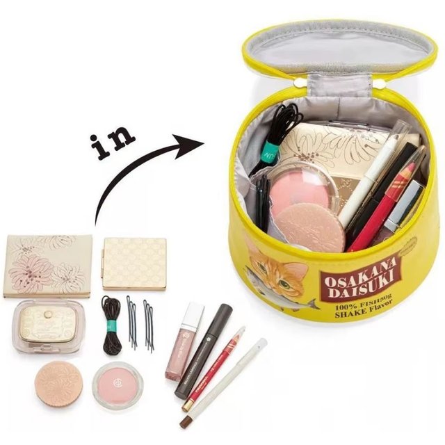 Cylindrical cartoon creative cat fish can cosmetic bag, cute sardine can-shaped storage bag for girls
