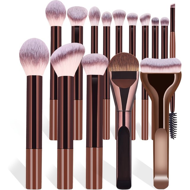 A Set of 15 Makeup Brushes Including Foundation Brush, Highlighter Brush, Blush Brush, Powder Brush, Nose Contour Brush, Eyeshad