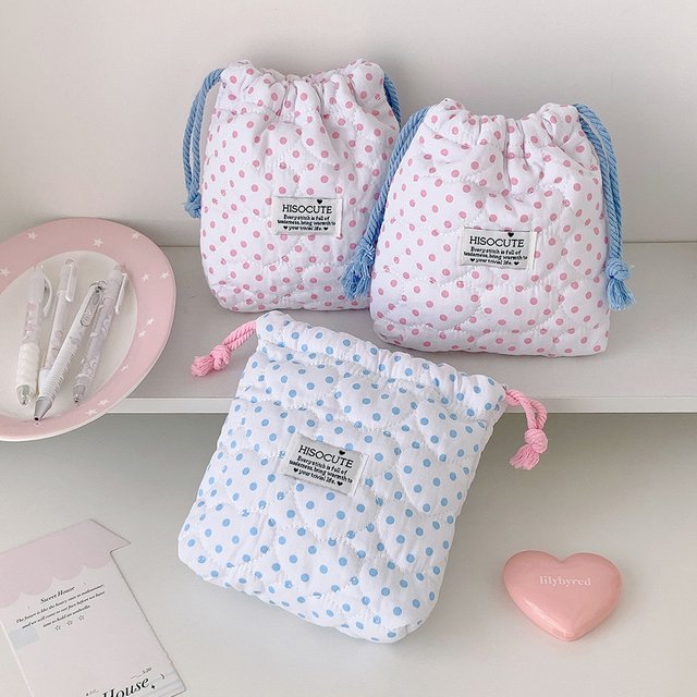 Fashion Simple Plaid Drawstring Makeup Bag Cute Girl Portable Travel Large Capacity Storage Toiletry Bag Sanitary Cotton Bag