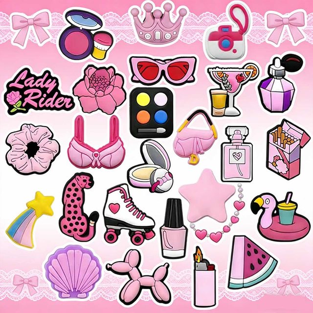 1/25 pièces Breloques de chaussures féminines, décorations de chaussures à motifs vernis à ongles et parfum, épingles roses, accessoires pour femmes et filles, cadeaux, boucles pour sabots